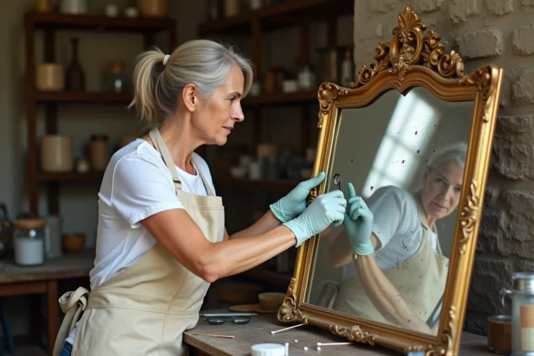 Femme restaurant un vieux miroir piqué dans un atelier artisanal avec des produits de restauration sur un établi en bois