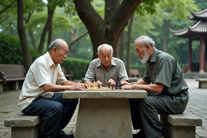 Retraités jouant aux échecs chinois sous un banian dans un parc du quartier Yuexiu à Guangzhou