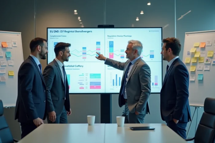Équipe de professionnels en réunion sur la conformité juridique et réglementaire européenne en entreprise