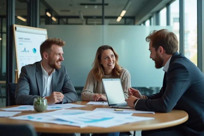 Équipe de professionnels en réunion autour d'un tableau de bord numérique pour optimiser la gestion d'entreprise
