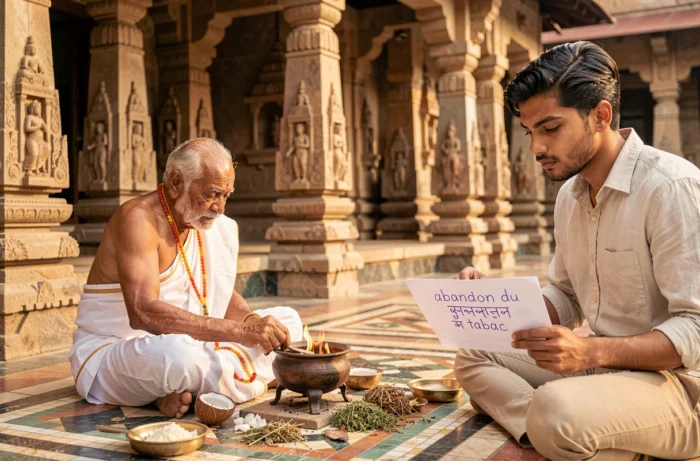 Rituel hindou Havan dans un temple avec sankalpa symbolisant le vœu d'arrêter de fumer