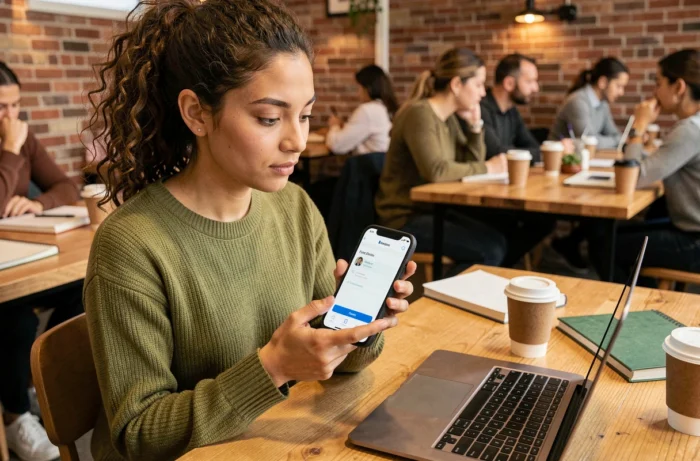 Jeune salariée consultant son espace Advango sur smartphone dans un espace de coworking