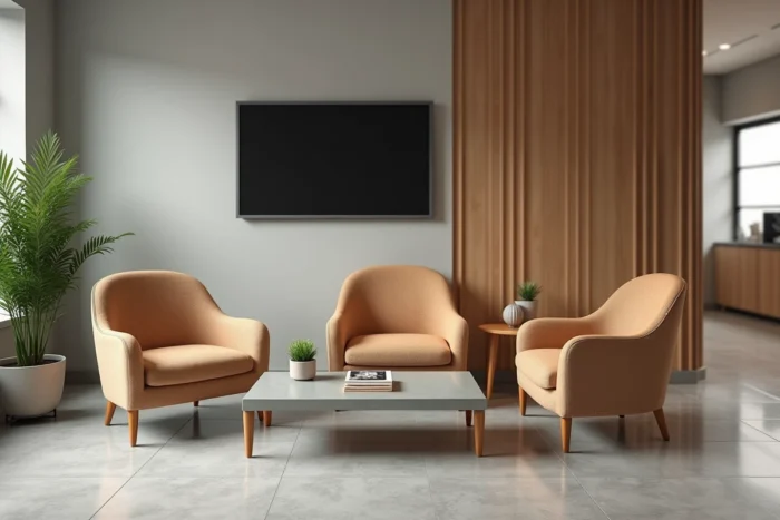 Salle d'attente d'un cabinet professionnel moderne avec fauteuils en tissu beige, table basse et écran d'information mural