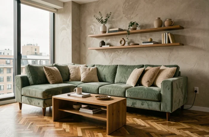 Salon réaménagé avec élégance dans un style mid-century modern, canapé en velours vert sauge et mobilier en chêne naturel