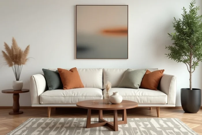 Salon moderne minimaliste avec canapé en lin crème, coussins en bouclé terracotta et table basse en noyer