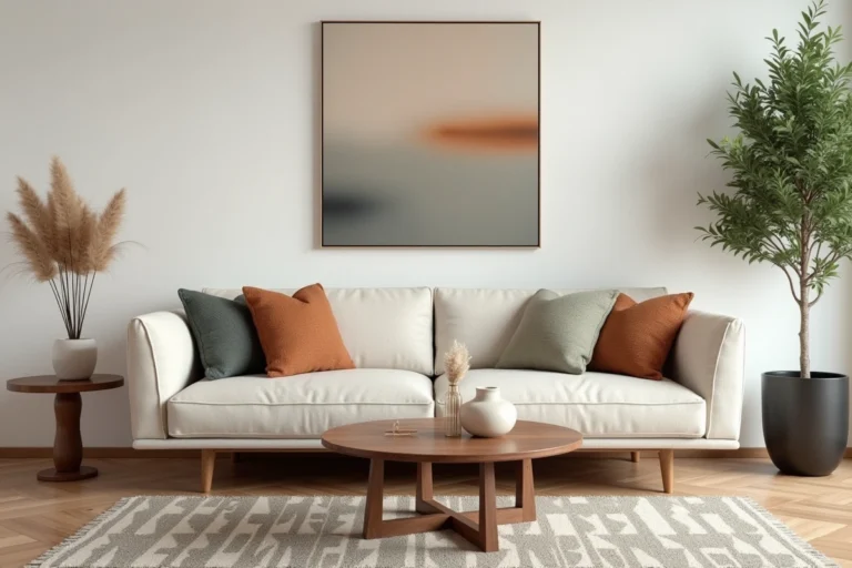 Salon moderne minimaliste avec canapé en lin crème, coussins en bouclé terracotta et table basse en noyer