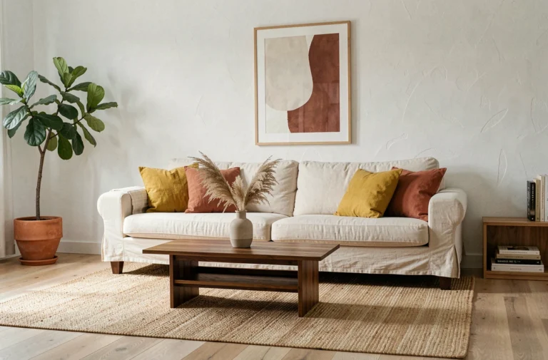 Salon scandinave décoré avec un canapé en lin crème, des coussins colorés et une plante fiddle-leaf pour une décoration intérieure moderne et chaleureuse