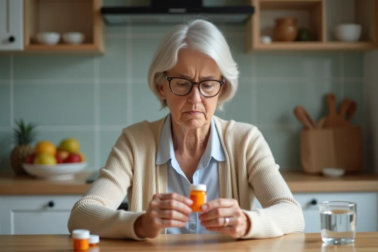 Femme senior examinant une boîte de compléments vitaminés Azinc à la cuisine, illustrant les effets secondaires potentiels chez les seniors