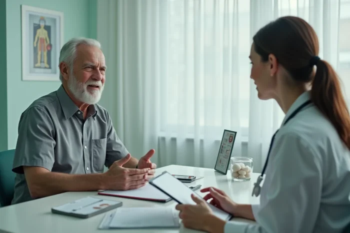 Homme âgé en consultation médicale discutant des effets secondaires des compléments alimentaires Azinc Senior avec son médecin