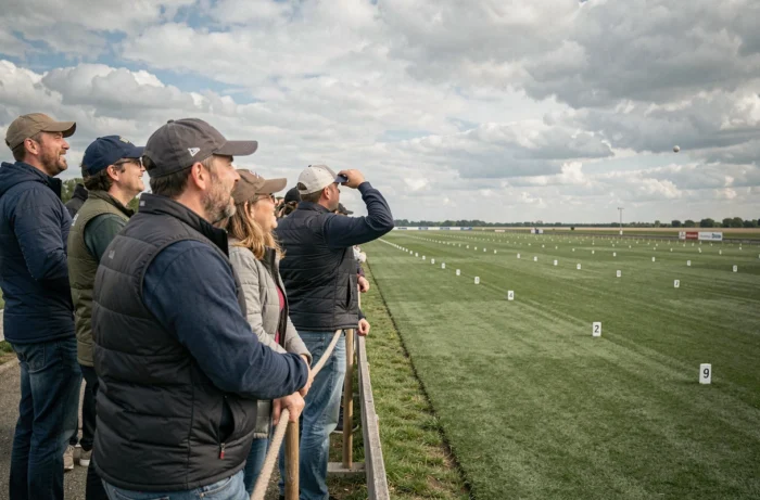 Spectateurs enthousiastes assistant à une compétition de long drive sur un terrain extérieur avec balises de distance visibles au sol