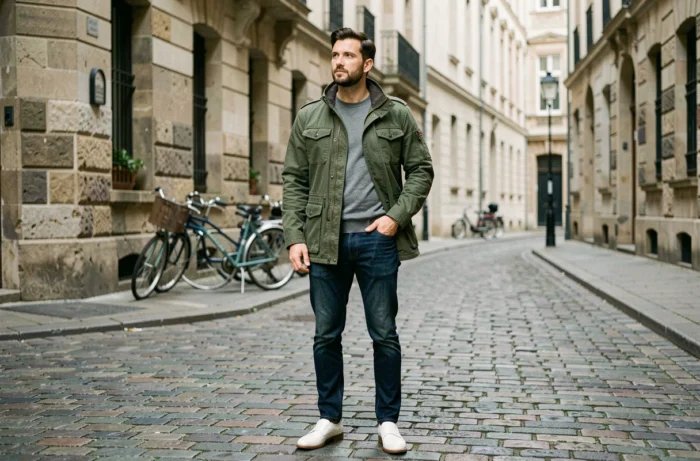 Homme stylé aux tendances mode urbaines dans une rue pavée d'un quartier européen