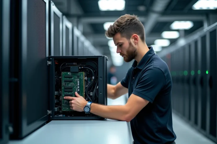 Technicien informatique installant des composants dans un serveur professionnel au sein d'un centre de données
