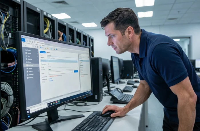 Technicien informatique configurant les paramètres d'optimisation d'un système d'exploitation sur un poste de travail professionnel