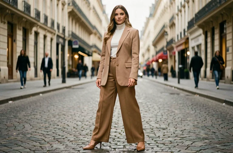 Femme élégante portant un blazer oversize beige et un pantalon large camel dans une rue parisienne pavée, look mode tendance automne