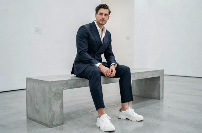 Homme stylé en costume marine double boutonnage et sneakers blanches assis dans une galerie d'art moderne, tendance mode masculine urbaine