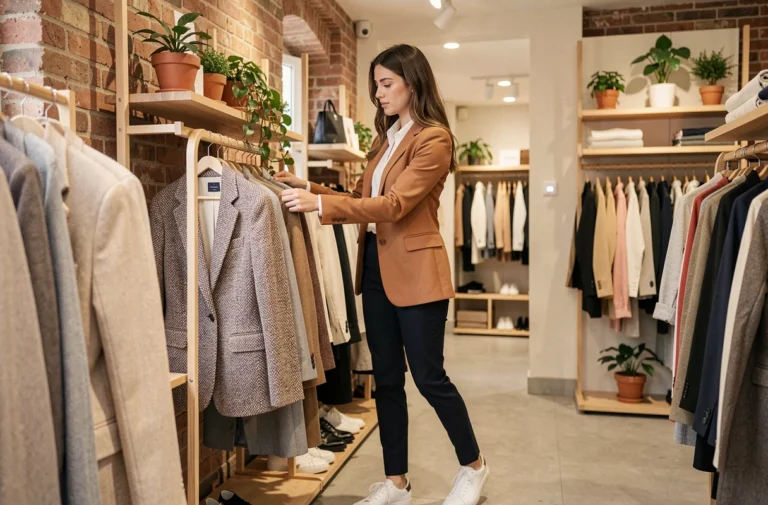 Jeune femme élégante explorant les dernières tendances mode dans une boutique parisienne contemporaine