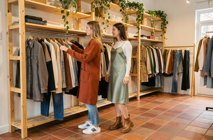 Deux jeunes femmes tendance choisissant des vêtements dans un concept store vintage lumineux, styles cardigan rouille et robe slip verte superposée