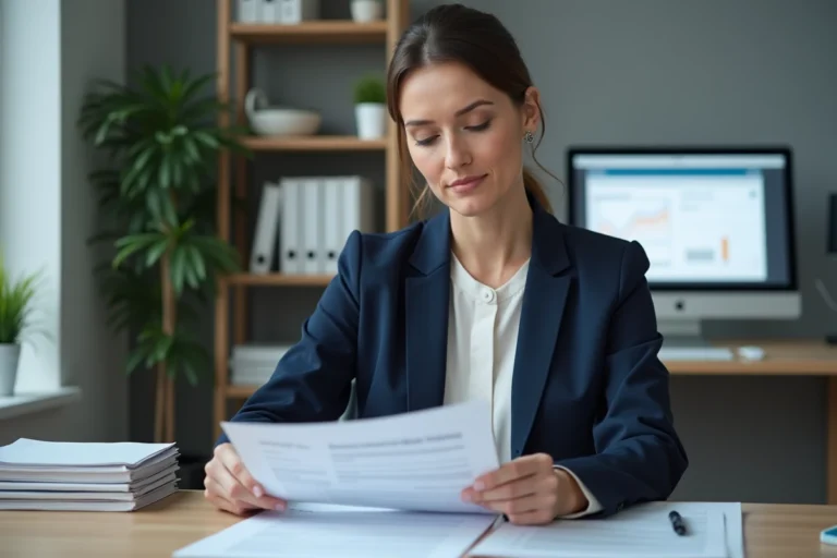 Professionnelle administrative examinant des documents de recouvrement dans un bureau institutionnel moderne