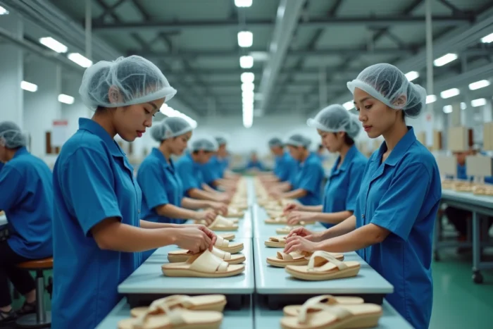 Chaîne de production de chaussures Scholl dans une usine moderne en Asie avec ouvriers en uniforme