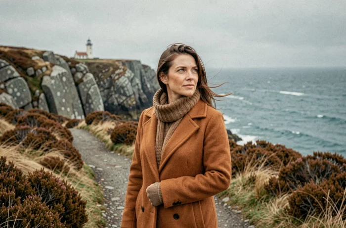 Femme en manteau de laine sur un sentier côtier breton en automne avec falaises de granit et phare en arrière-plan