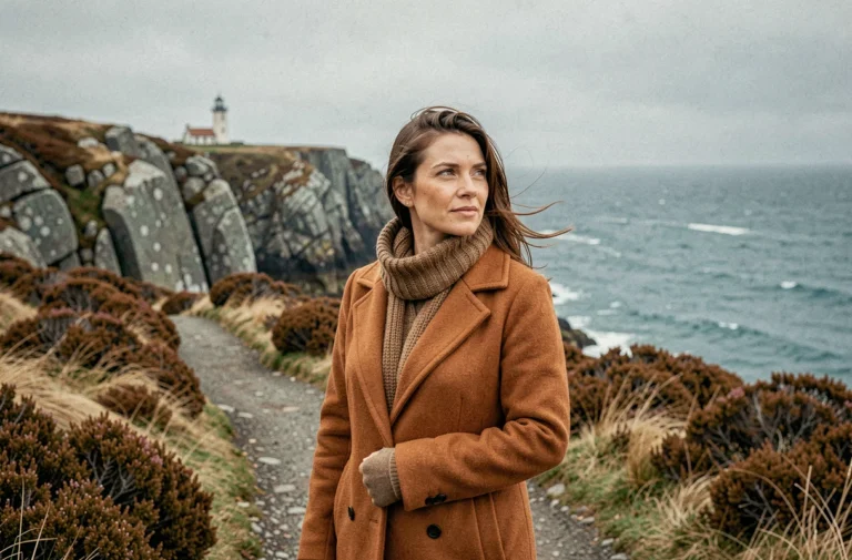 Femme en manteau de laine sur un sentier côtier breton en automne avec falaises de granit et phare en arrière-plan