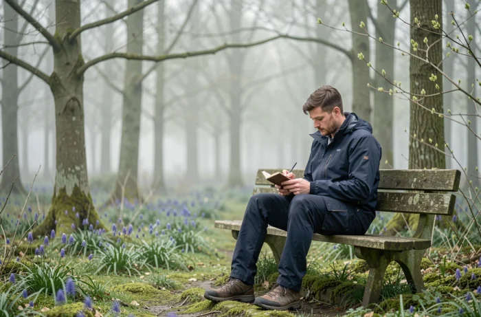 Voyageur solitaire écrivant dans un carnet au bord d'une forêt bretonne brumeuse au printemps avec jacinthes sauvages