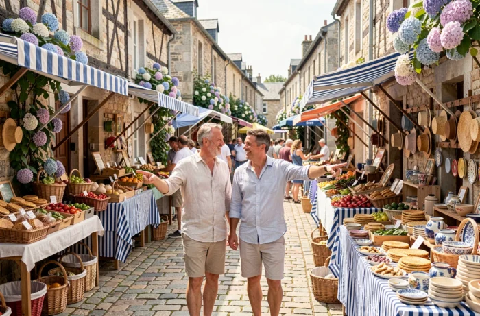 Couple visitant un marché estival dans un village breton médiéval avec maisons à colombages et étals artisanaux colorés