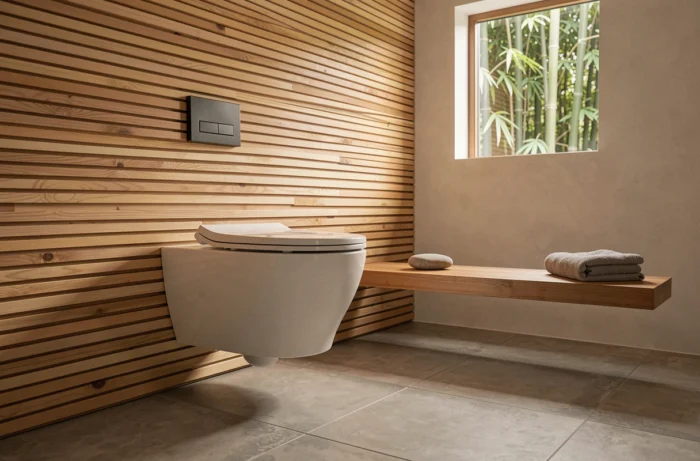 WC suspendu style Japandi avec lambris en cèdre naturel, carrelage béton et décor épuré zen