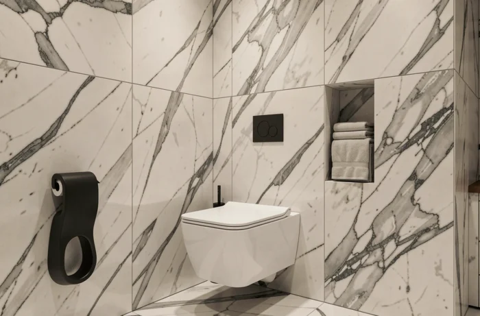 WC suspendu encastré dans une salle de bains luxueuse en marbre Calacatta avec finitions noires matte