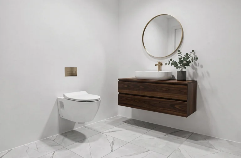 WC suspendu moderne dans une salle de bains minimaliste avec meuble vasque en noyer et miroir rond en laiton brossé