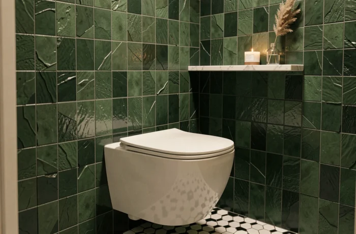 WC suspendu blanc dans des toilettes décorées de carreaux zellige vert forêt et étagère en marbre